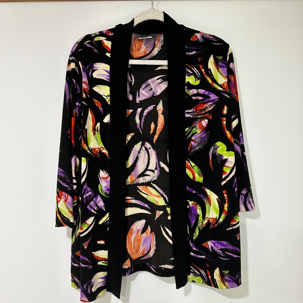 Slinky Brand Cardigan Womens M Black Floral Art to Wear Open Front USA